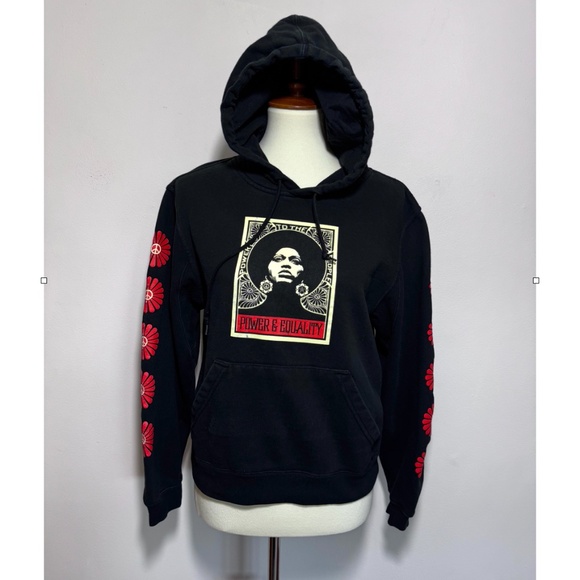Obey Black Graphic Print Fleece Angela Davis Power Equality Hoodie Size Small - Picture 4 of 11